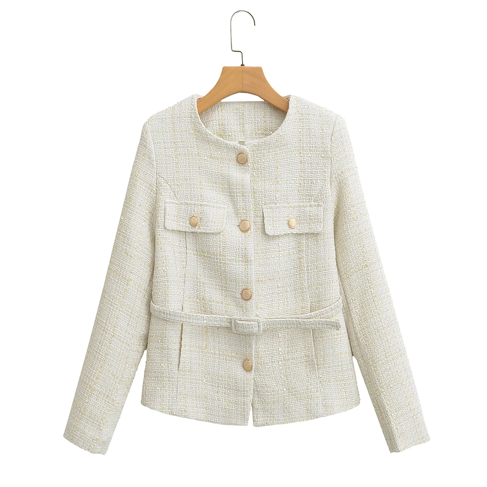 

Однобортная тонкая куртка с длинными рукавами и круглым вырезом в европейском и американском стиле с поясом Популярная облегающая верхняя одежда для женщин