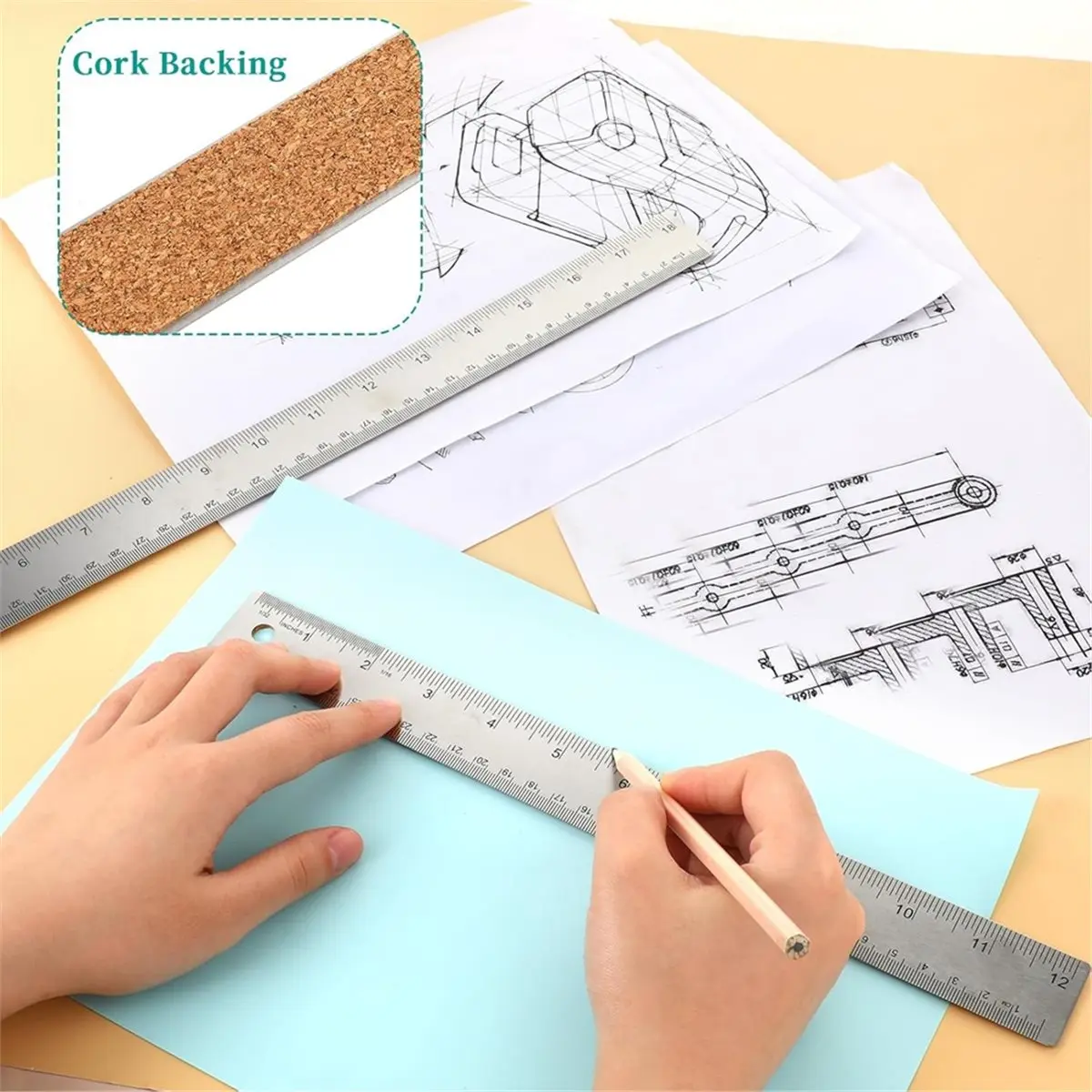 Metal Ruler with Cork Backing 12+18 Inch Stainless Steel Metal Ruler Non-Slip Rulers with Inch and Centimeters Straight