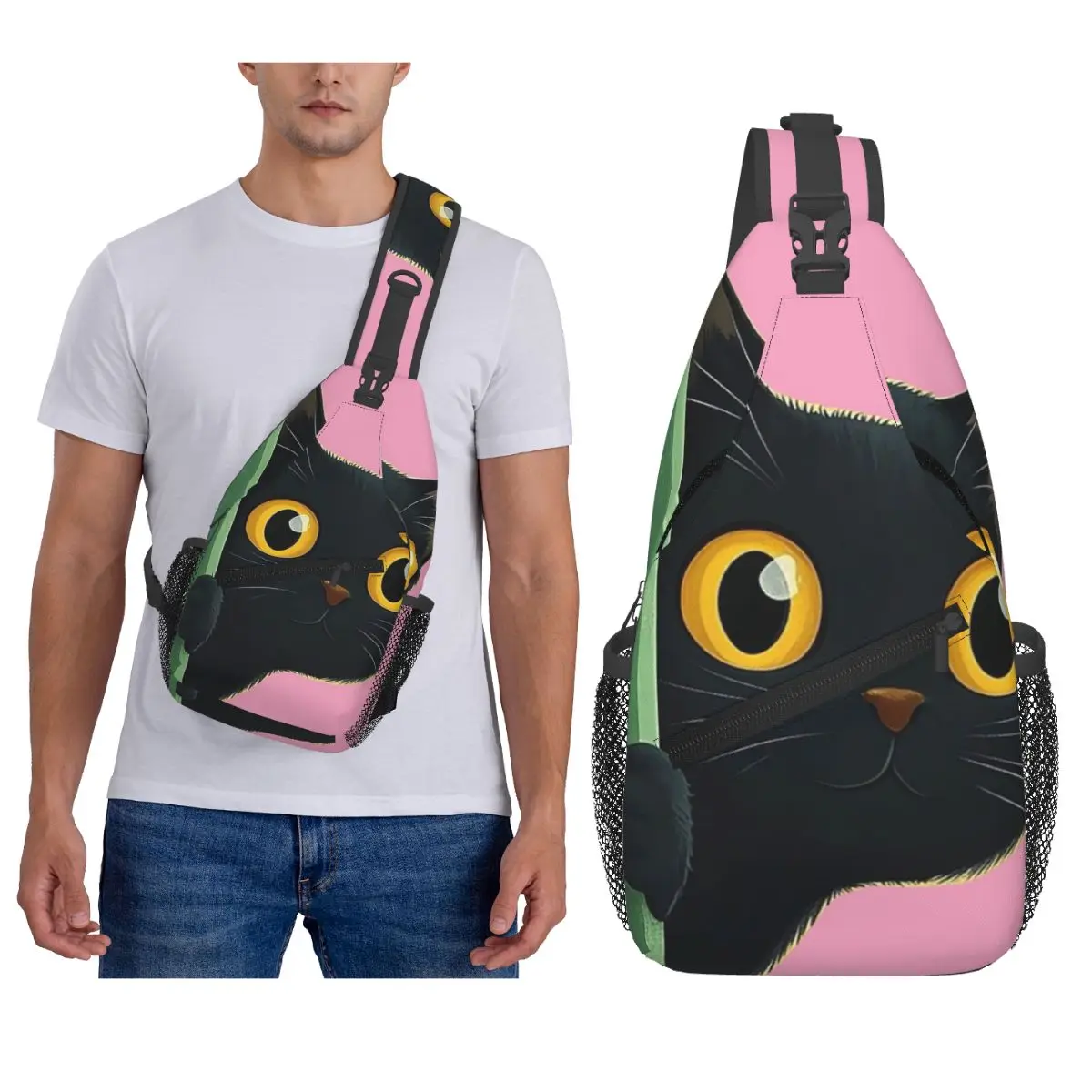 

Cartoon Black Cat Chest Bag Men Sling Crossbody Backpack Chest Bag Travel Hiking Daypack Shoulder Bag