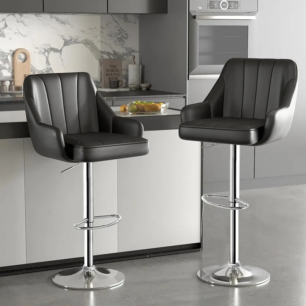Bar Stools Set Of 2, Adjustable Barstools, Counter Height Stools With Ba And Arm, Kitchen Island Stools, Swivel Pu Chairs For