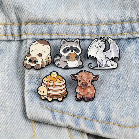 Cute Fantasy Animals Enamel Pins Cat Raccoon Dragon Turtle Cow Brooches Kawaii Lapel Pins Jewelry Gift for Animal Lovers