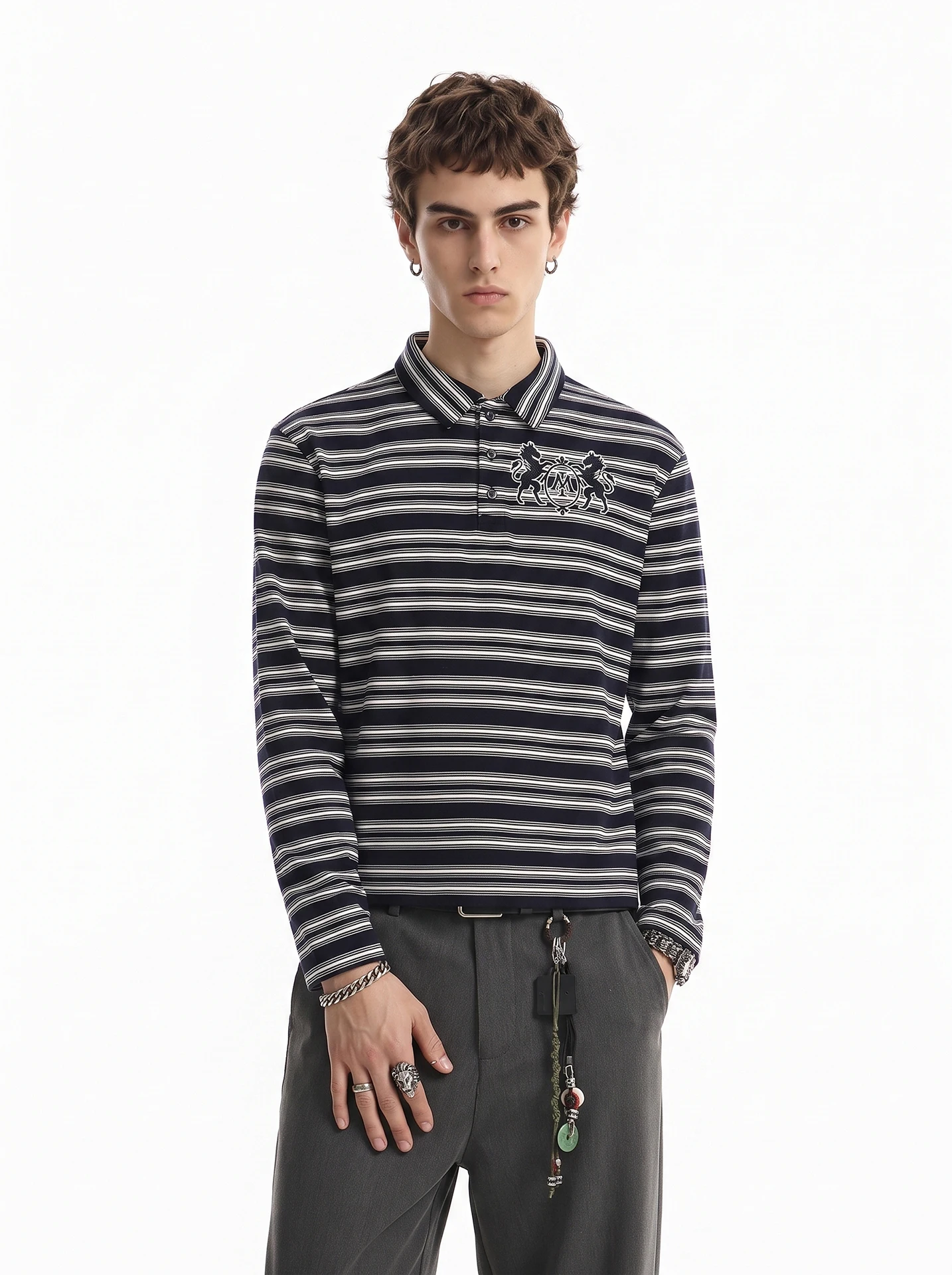 BETEBULE American High Street Print Stripe Detachable Fur Collar Long Sleeve Men's T-shirt Vintage Short Wide Top
