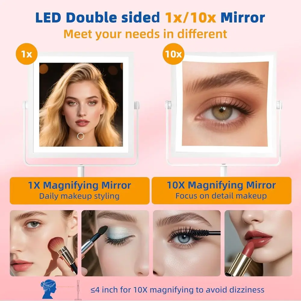مرآة زينة LED بارتفاع قابل للتعديل مع بطارية 4000 مللي أمبير في الساعة، تكبير 1X/10X، 3 ألوان فاتحة، و360 ° دوران (أبيض) #4
