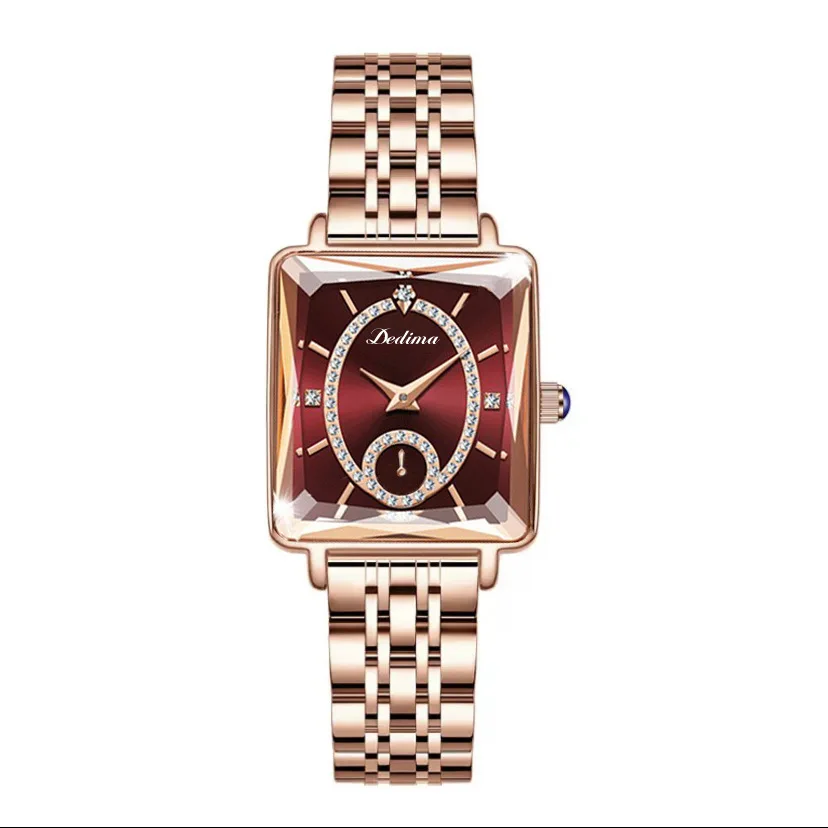 Relógio de quartzo quadrado de luxo feminino, ouro rosa, diamante, aço inoxidável, impermeável, relógios de pulso femininos