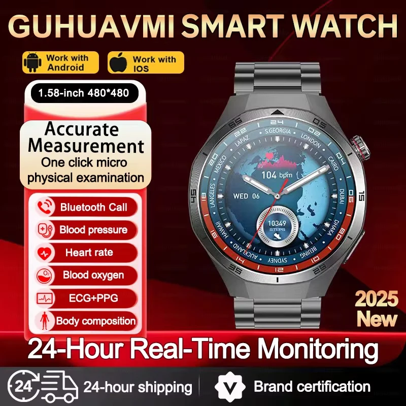 2026 신형 GUHUAVMI 레이저 모니터 ECG+HRV 혈압 스마트워치 남성용 심박수 요산 혈중지질 스마트 스포츠 건강 시계