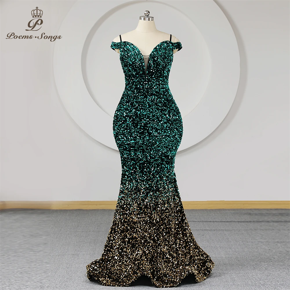 Kleurrijke Pailletten Mermaid Avondjurk Plus Size Vrouwen Spaghettibandjes Off Shoulder Lange Prom Jurken Party Maxi Jurk