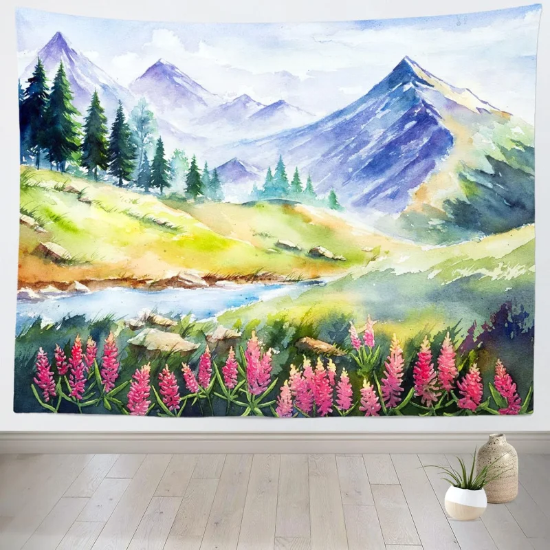 VIKAMA Minimalist Landscape Tapestry: Blue-Violet Mountains and Pink Floral Beds Living Room, Bedroom, Study Feature Wall