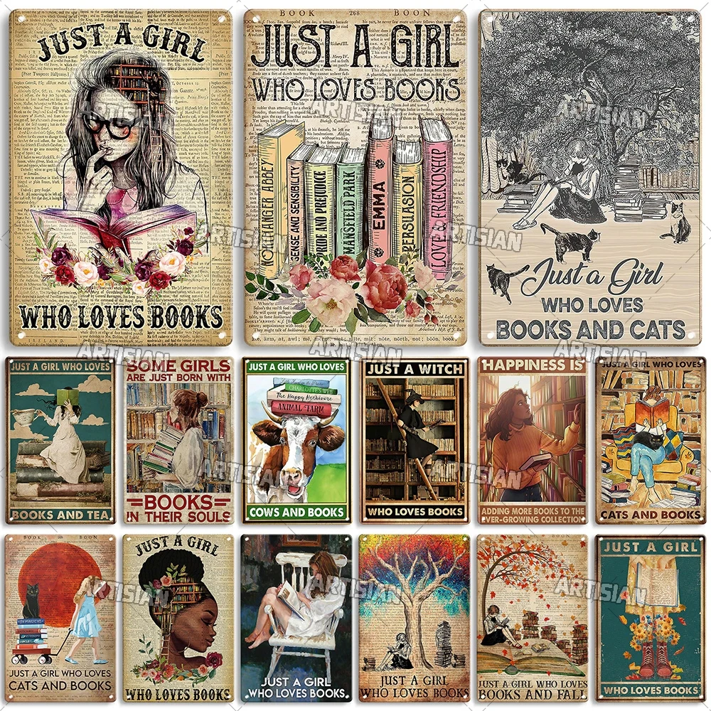 Artisian Reading Metal Poster Read Book Tin Plate Girl Loves Books Dekoracyjny znak Dekoracja ścienna Garaż Bar Pub Club Hotel Kuchnia