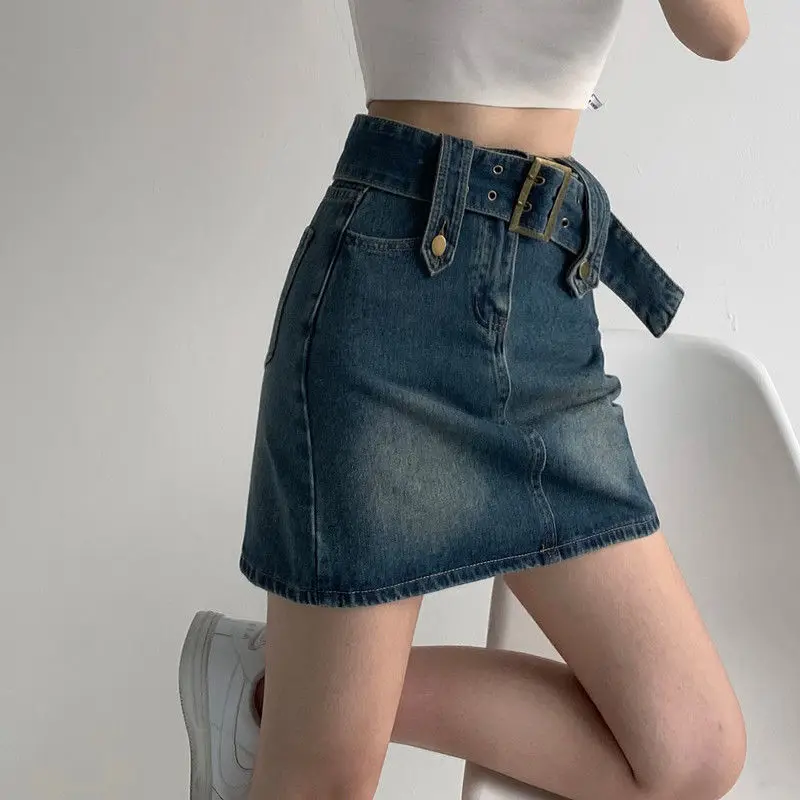 

Denim Skirt Belt Buttons 2024 New Blue Fashion High Waist Mini Skirts Y2K Retro Sweet Sexy Streetwear Summer Women Skirt