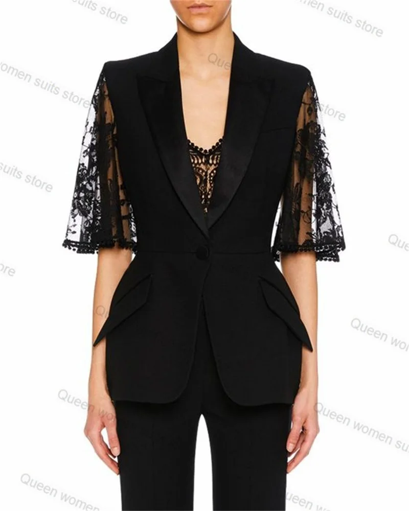 Lace Wedding Women Suit Set 2 Piece Blazer+Pants Sexy V Neck Half Sleeves Jacket Coat Trousers Cotton Prom Dress Custom Made