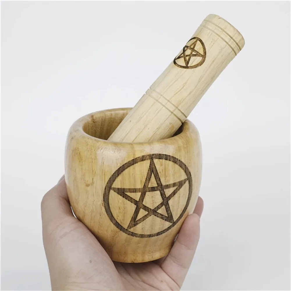 Log Color Wood Herb Grinder Jar Engraved Pentagram Triple Moon Pattern Garlic Medicine Masher
