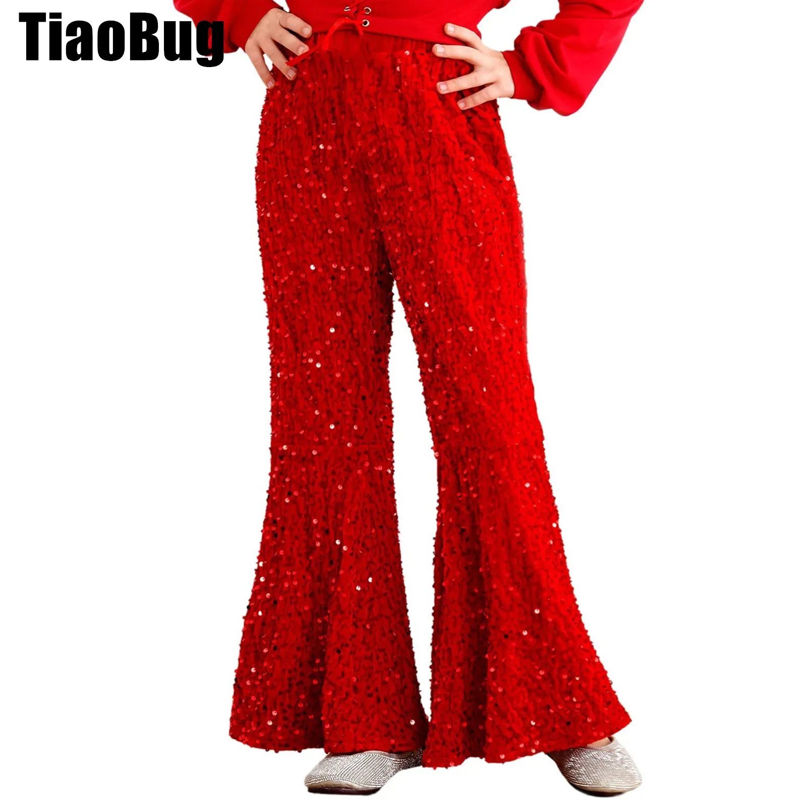 

Kids Girls Sequins Jazz Pants Sparkly Velvet Dance Flared Pants High Waist Bell-Bottom Trousers for Christmas Stage Performance