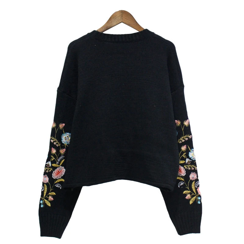 Black Sweater Floral Embroidery Pullover Women Boho Long Sleeve O-neck Autumn Winter Jumper Loose Top Loose Knitted Sweaters