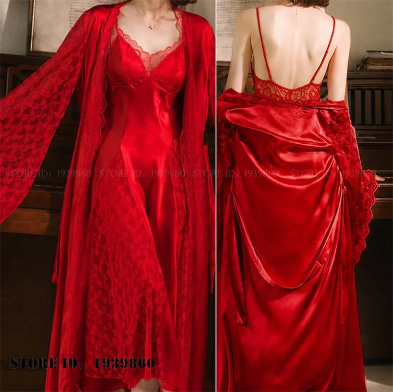 Burgundy Bride Wedding Robe Robe Nightgown 2Pcs Set Sexy Hollow Out Lace Bathrobe Mujer Lingerie Loose Satin Homewear Loungewear