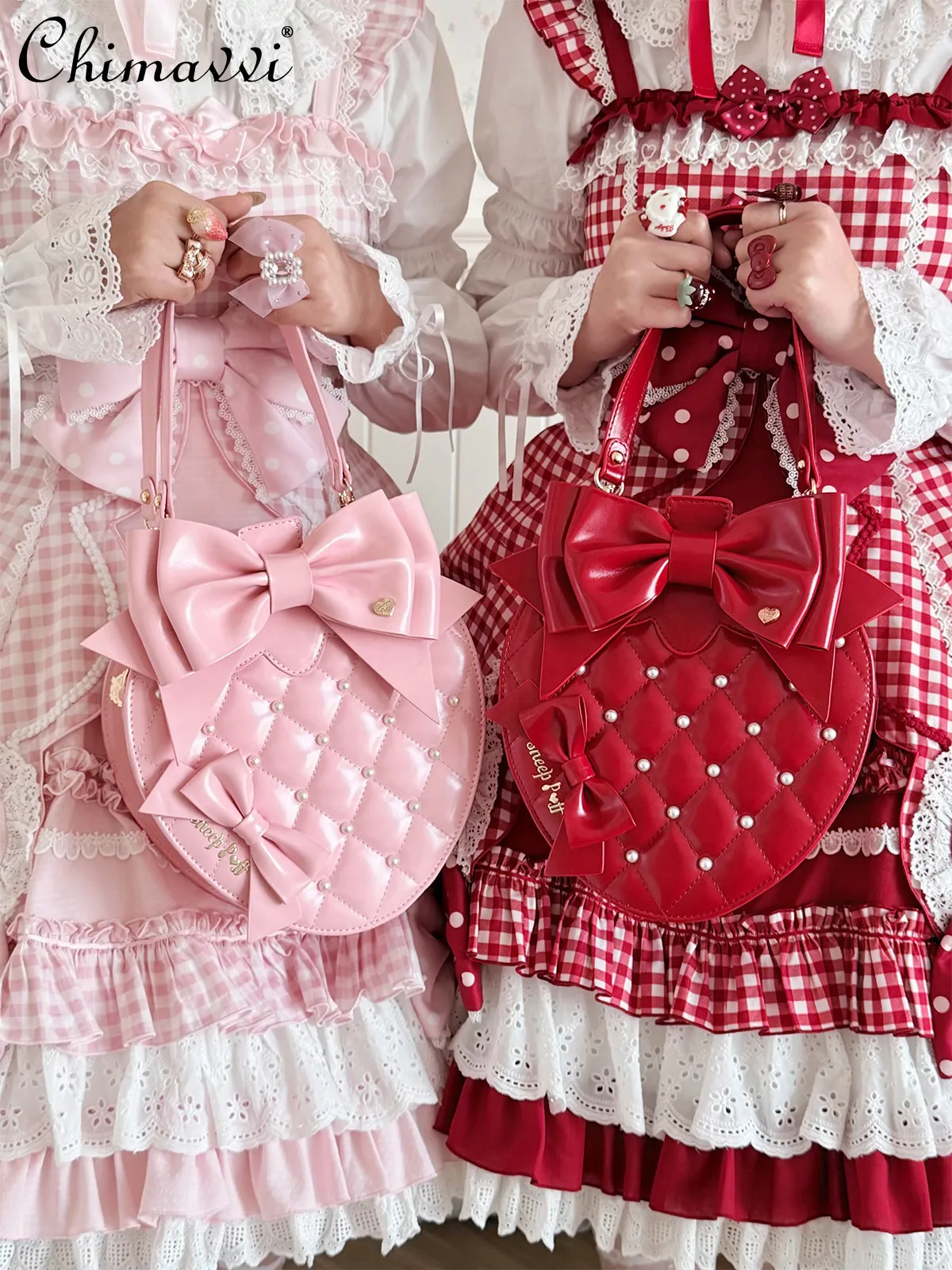 

Original Lolita Pearl Strawberry Bag Sweet Bowknot Handbag Cute Girl Princess Versatile Crossbody Bag 2026 New Cosmetic Bags