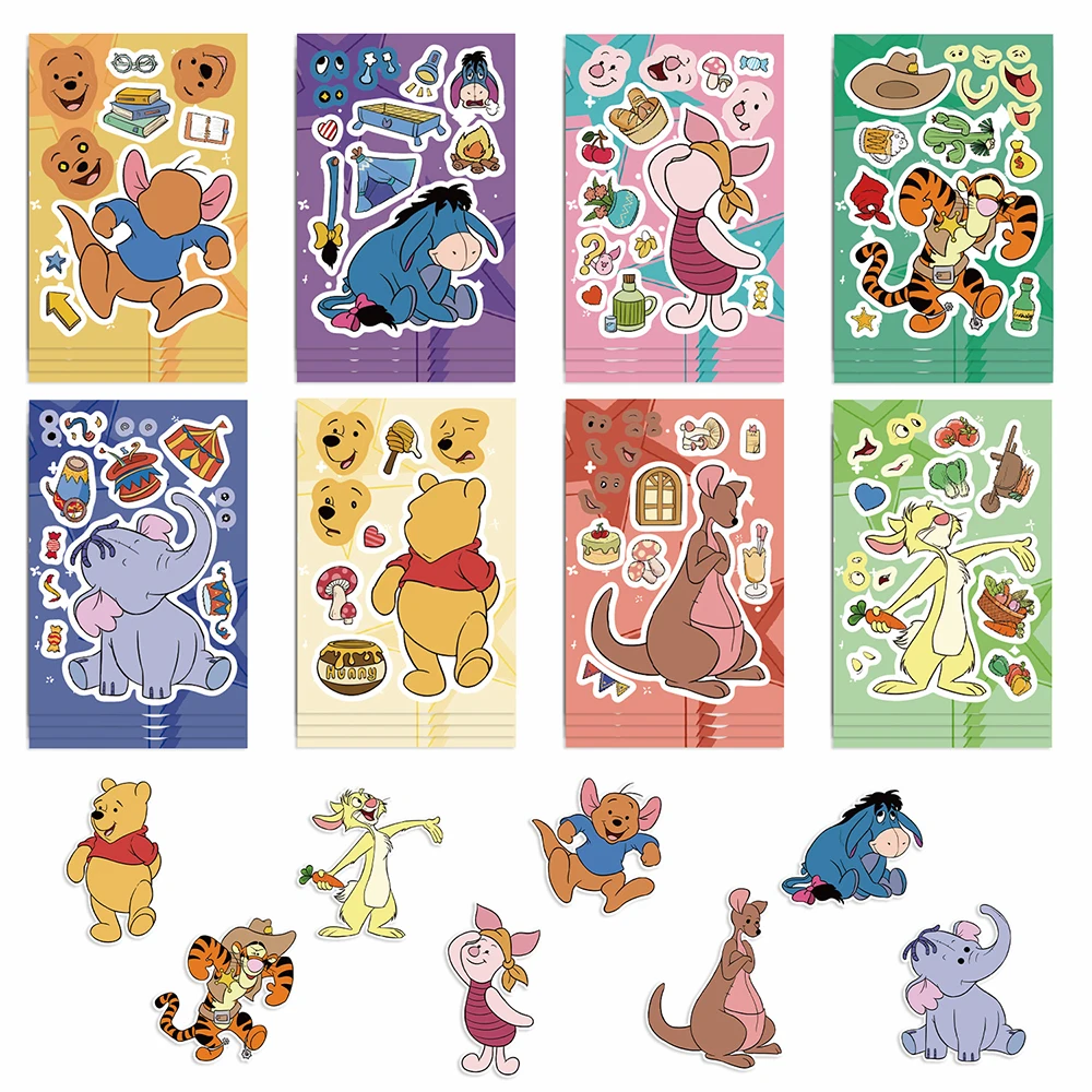 8/16Sheets Disney Pooh Bear Make a Face Puzzle Stickers Children Funny Jigsaw Assemble Toys Kids Games DIY Party Decoration Gift