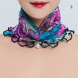 New Fashion Neck Collar Print Shiny Variety Loop Scarf Ruffle Lace Scarf Pearl Pendant Organza Chiffon Scarves Bandana Headband