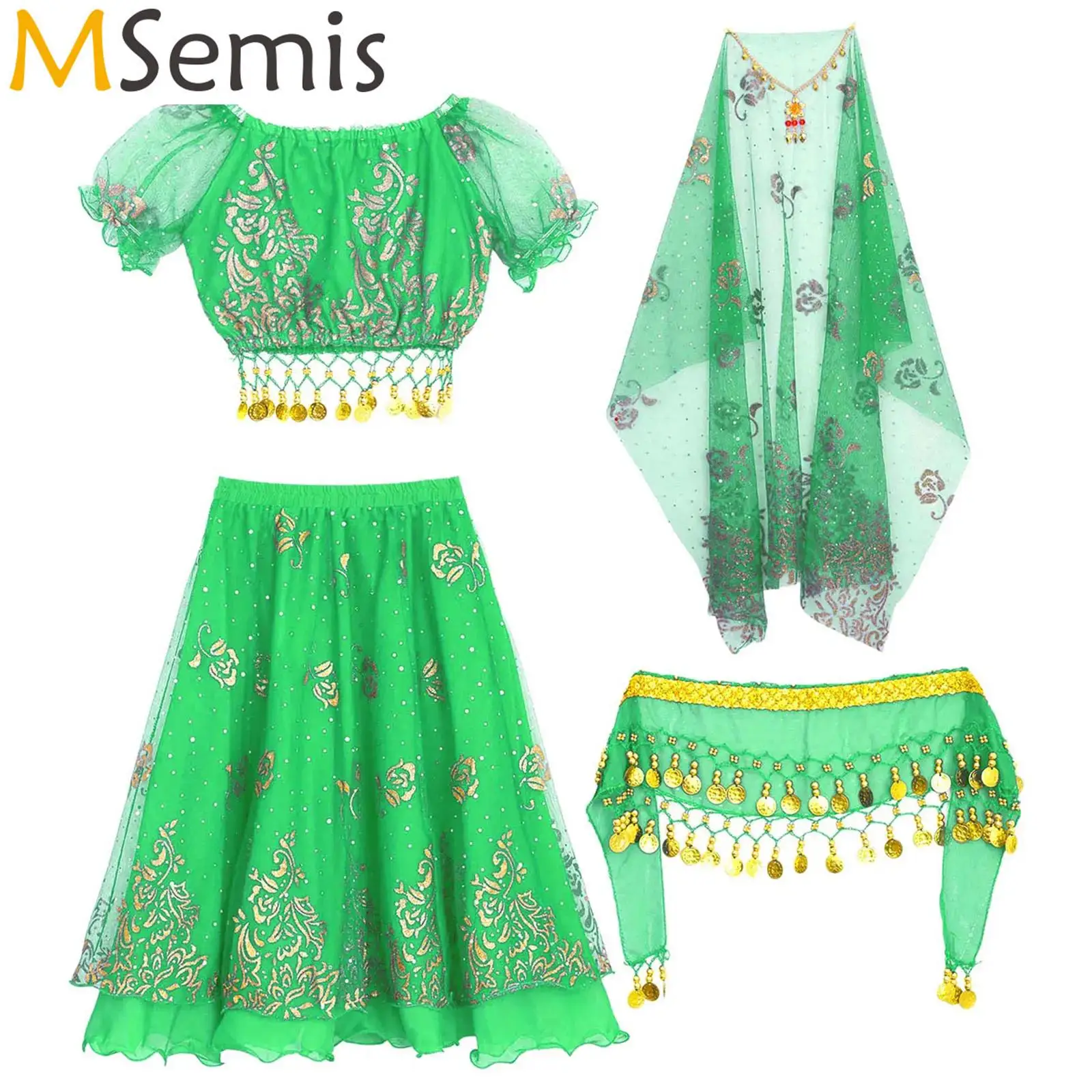 

Kids Girls Belly Dance Suit Oriental Indian Bellywood Costume Puff Sleeve Crop Top with Skirt Waist Chain Headscarf And Headwear