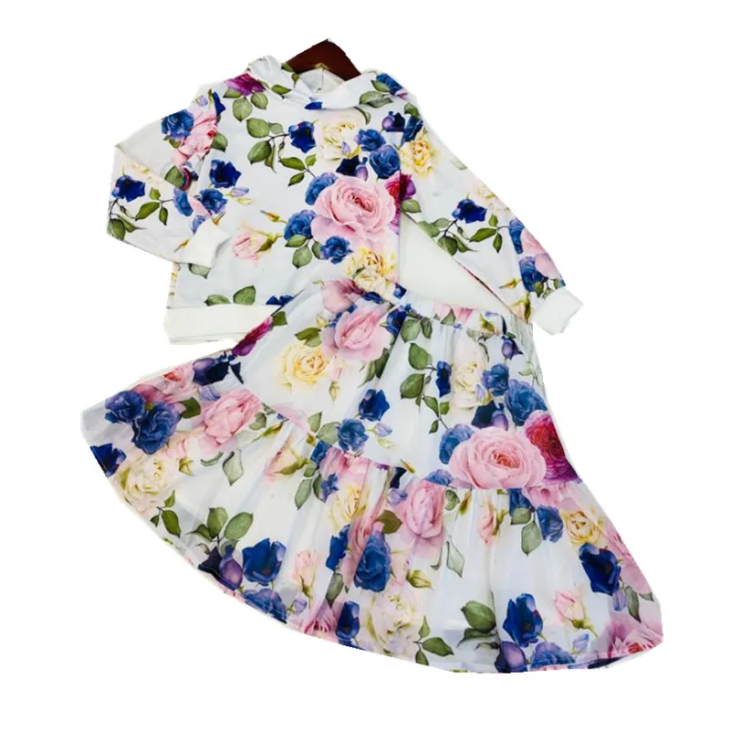 

Girls' flower fashion new hoodie+half skirt thin set in stock 90-150