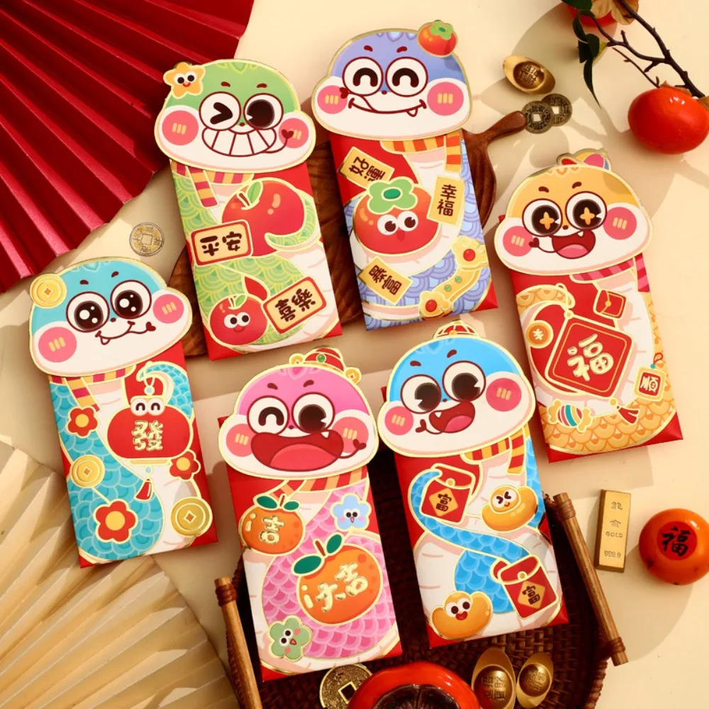 6pcs Creative Gilded Cartoon Snake Red Envelope Solid 3D Red Packet Paper Mixed Pattern HongBao Year of The Snake