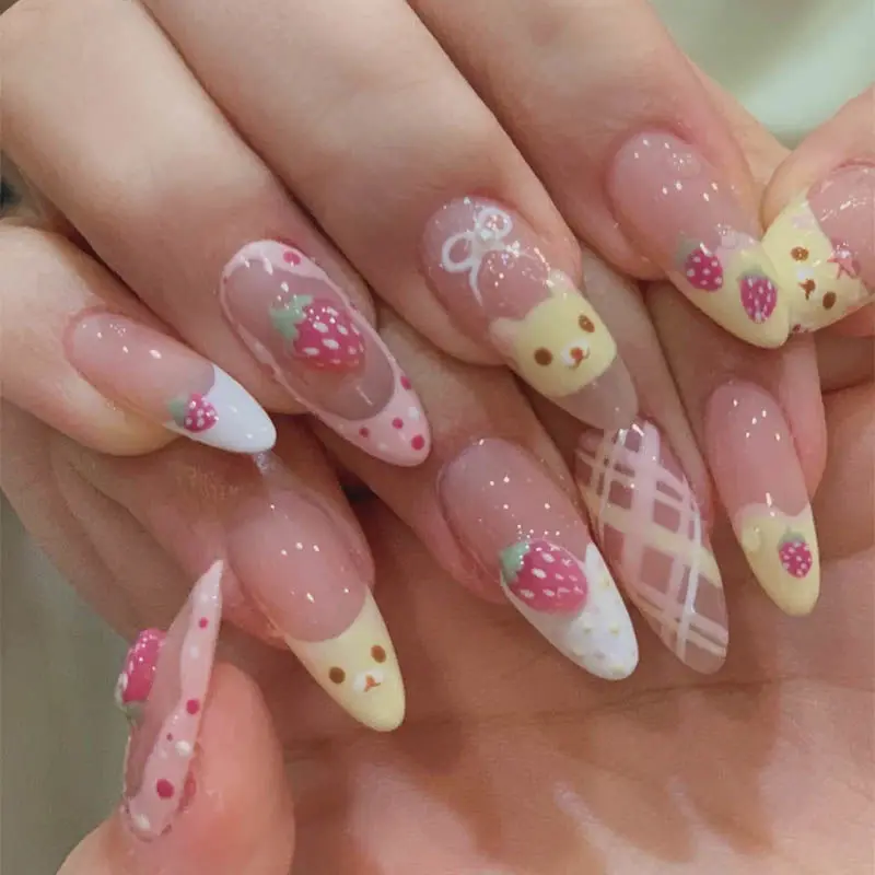 10Pcs Almond Press on Nails with Pink Strawberry Bear Design Acrylic False Nails Cute Full Cover Sweet Girl Wearable Nail Tips