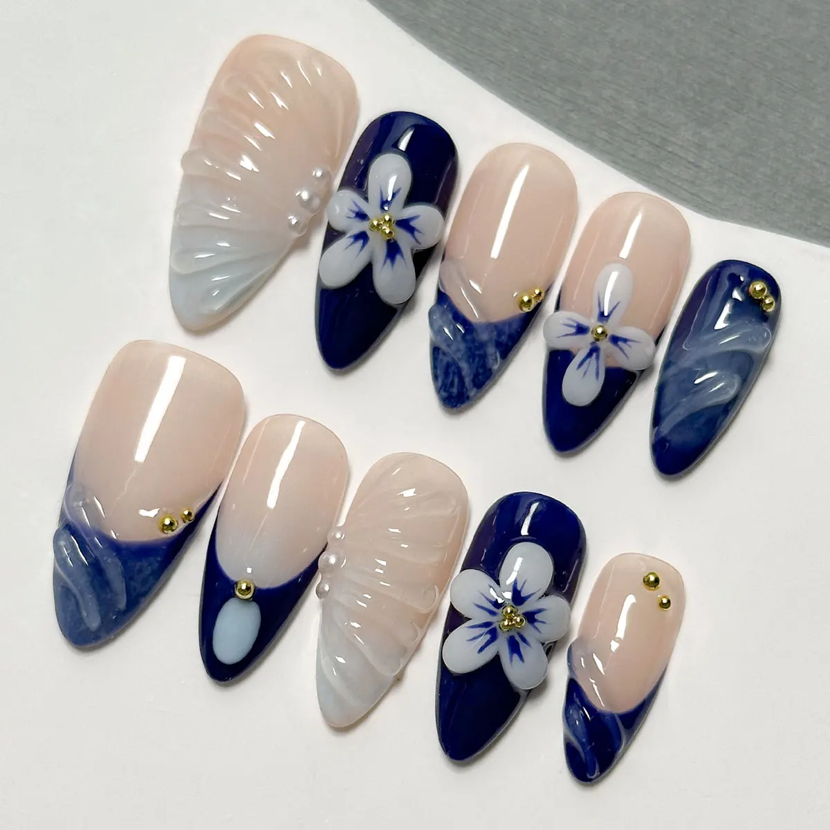 10pcs Handmade Press on Nails Medium Almond Shaped Nails, Blue French Nails, Three-Dimensional Handmade Drip Glue Flower Stripes