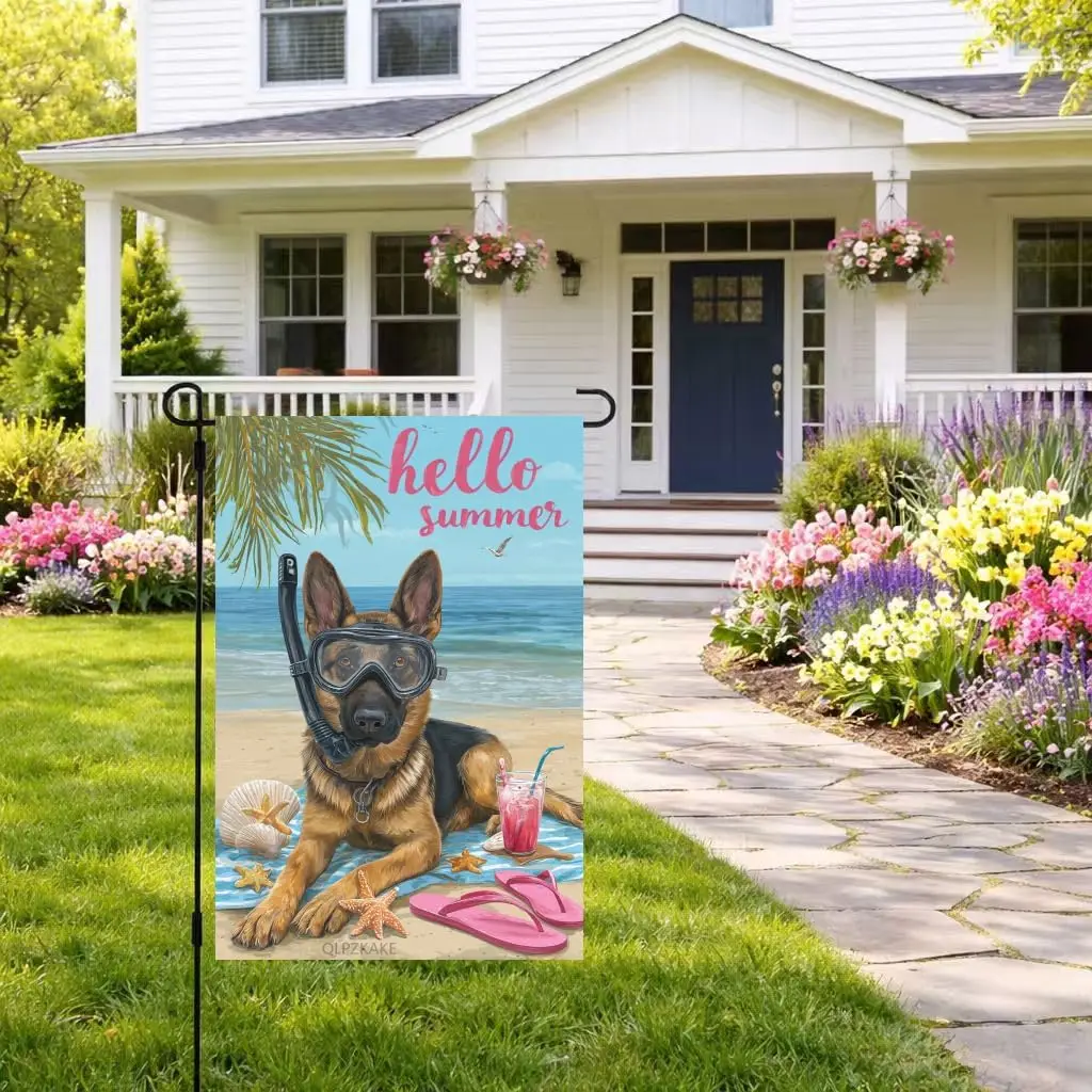 German Shepherd Garden Flag Hello Summer 12x18 Inch Use Linen Material Double Sided Welcome German Shepherd Sunglasses Garde yyi