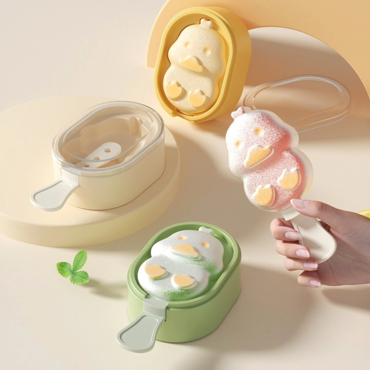 مجموعة قوالب ثلج بلاستيكية خالية من مادة BPA مكونة من 3 قطع، صانعات المصاصة على شكل بطة لطيفة للآيس كريم ومكعبات الثلج، مناسبة للأطفال