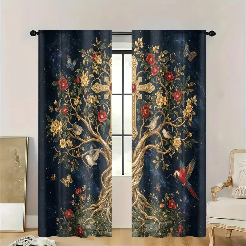 Gothic Tree of Life Curtain Botanical Window Drapery Starry Night Floral Semi-Sheer Spiritual Home Decor Cross Curtains
