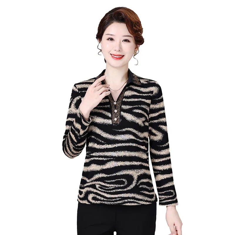 Vintage Leopard print Blouse Casual V-Neck Button Chic Diamonds Spring Autumn Stylish Long Sleeve Shirt Women's Clothing