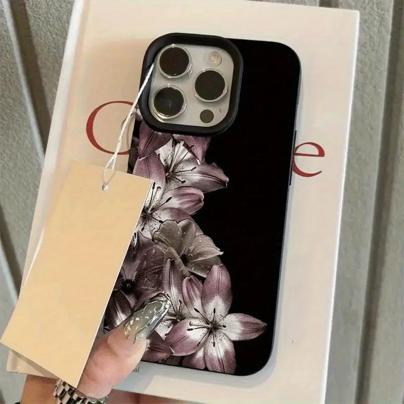 1 Piece of Dark Purple Lily Patterned Lychee-Textured Phone Case