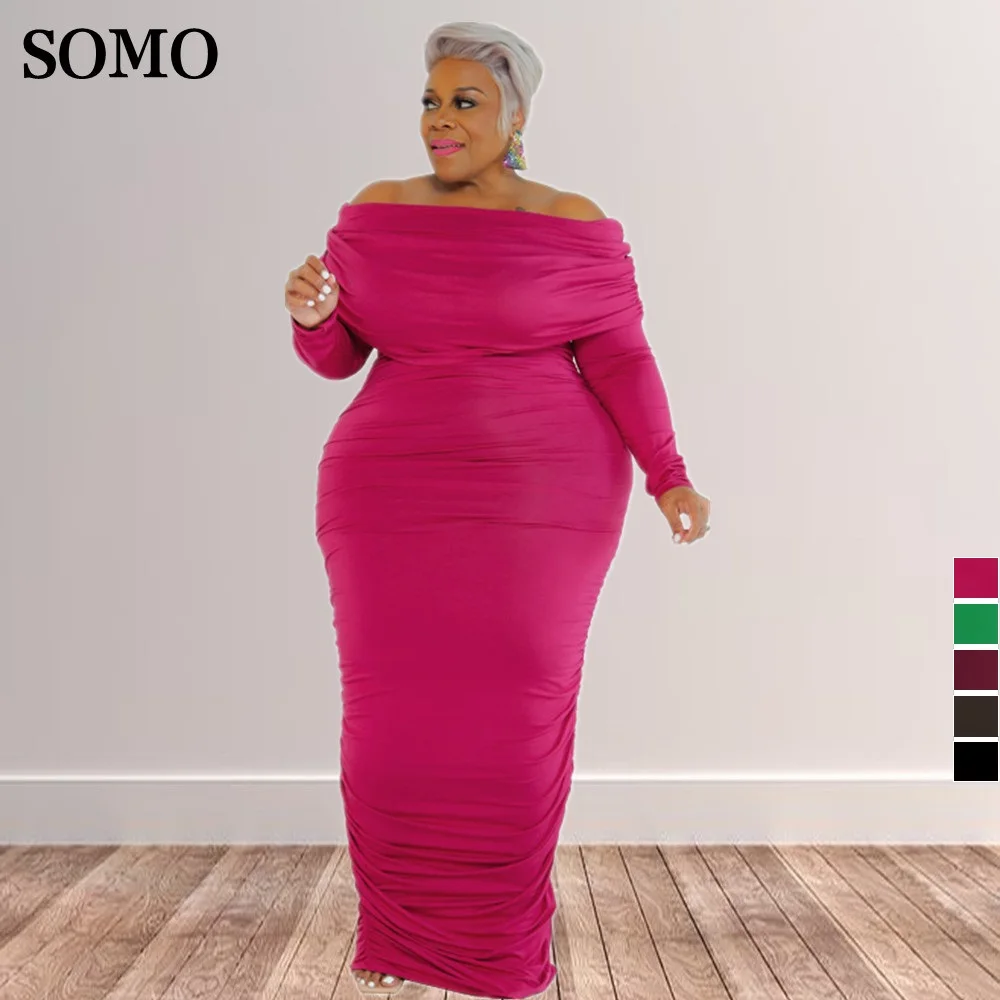 SOMO Solid Fall Clothes 2022 Fashion Off The Shoulder Dress Pleated Sexy Plus Size Dresses for Fat Women Wholesale Dropshipping