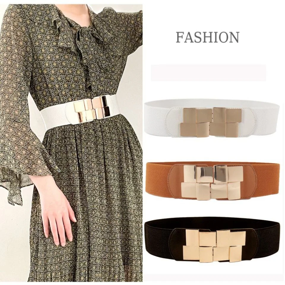 

New Women Elastic Waist Closure Wide Belt Gold Square Buckle Dress Decorative Female Self - cultivation Band Girdle