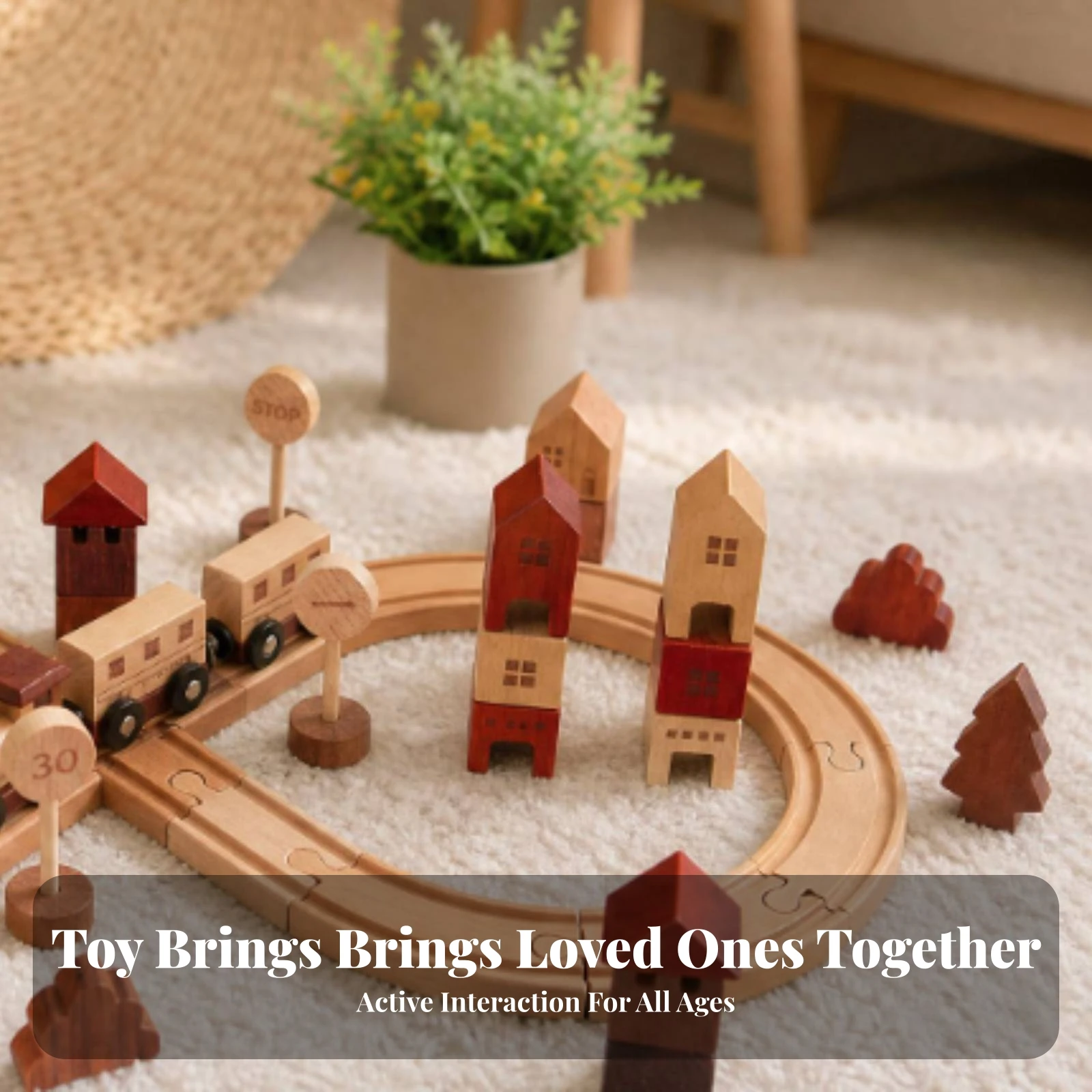 Tabletop Train Track Set Pretend Town Printed Details Wooden Rail-Building Toy Wooden Railway Station Wood Train Station