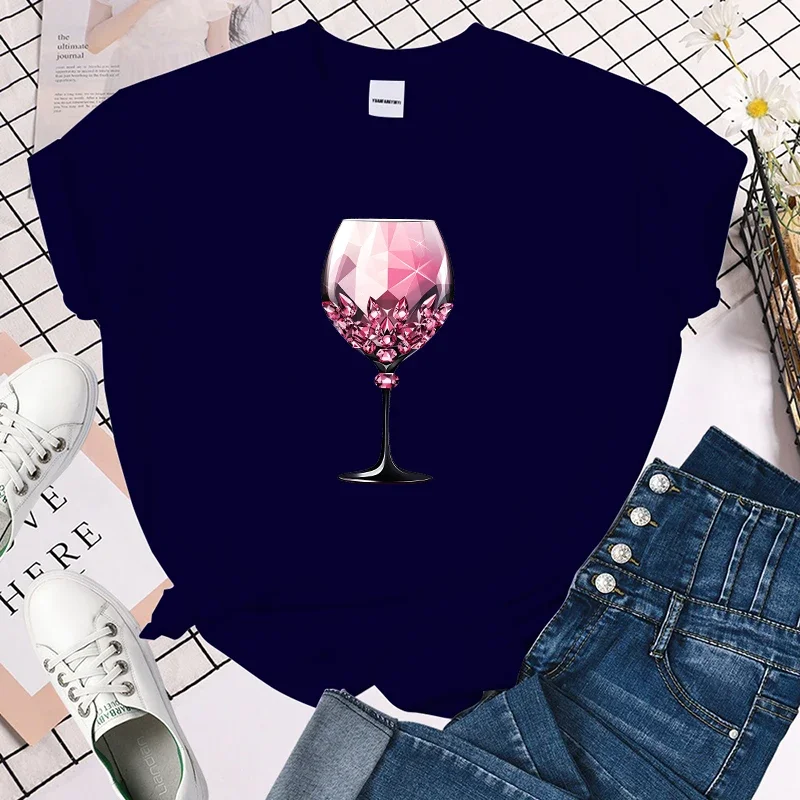 Women T Shirt Pink Wine Glass T-Shirt Cosplay Clothes Streetwear Tee Casual Shirt Fashion Cotton Top Street Soft Womens Clothing