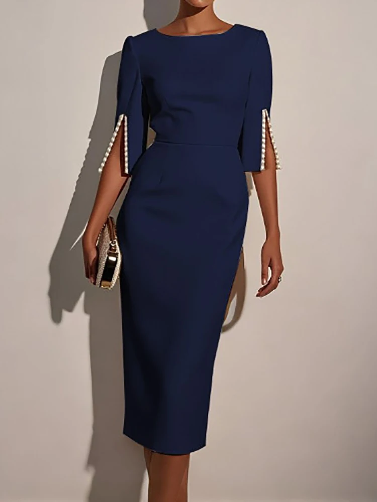 New Solid Patchwork Elegant Party Dress, Women Spring Summer O Neck Simple Maxi Dress, Three Quarter Sleeve Fashion Ladies Dress