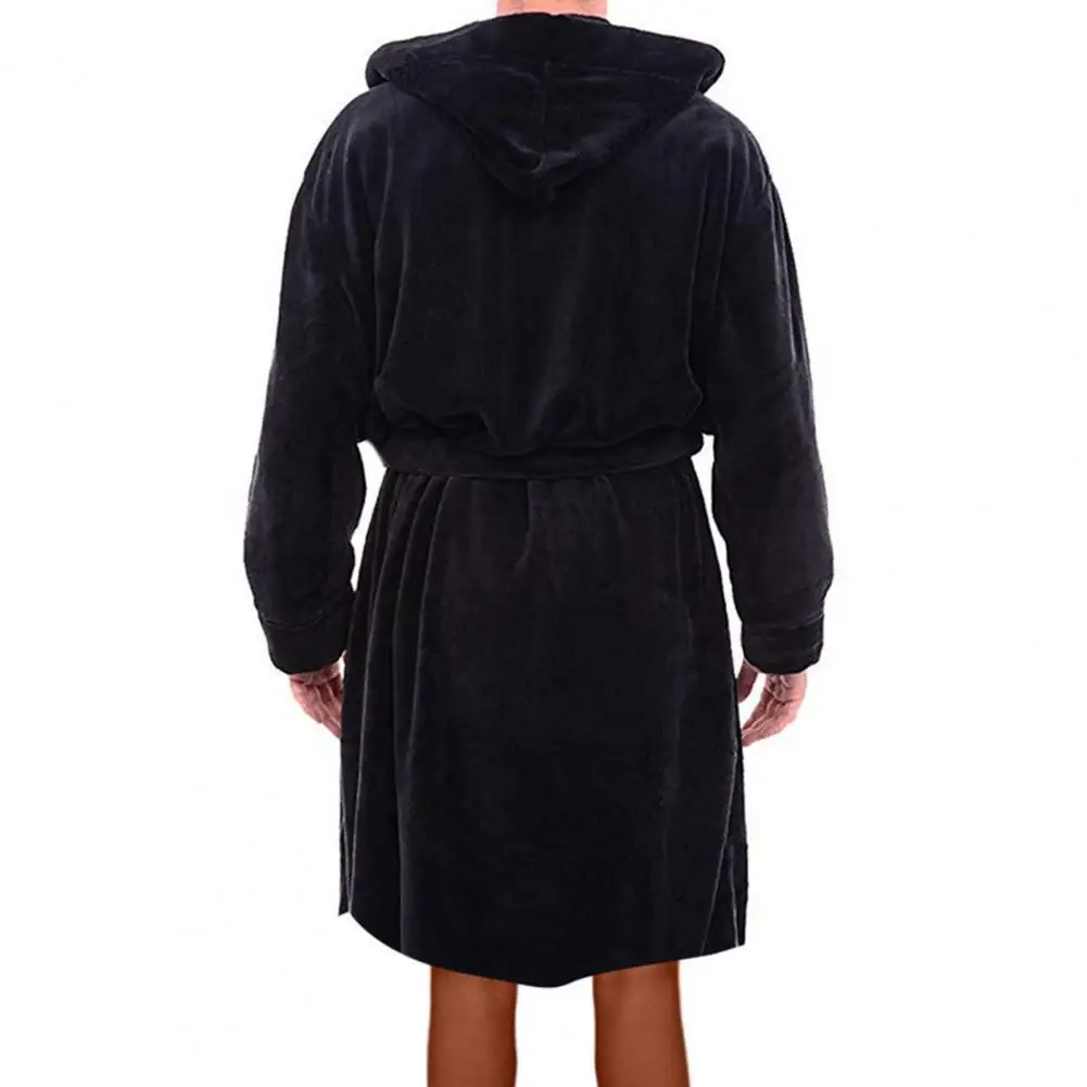 2024 Winter Men\'s Bathrobe Solid Color Belt Flannel Hooded Bath Robe Pockets Warm Men Nightgown Home Gown Sleepwear Men Clothing