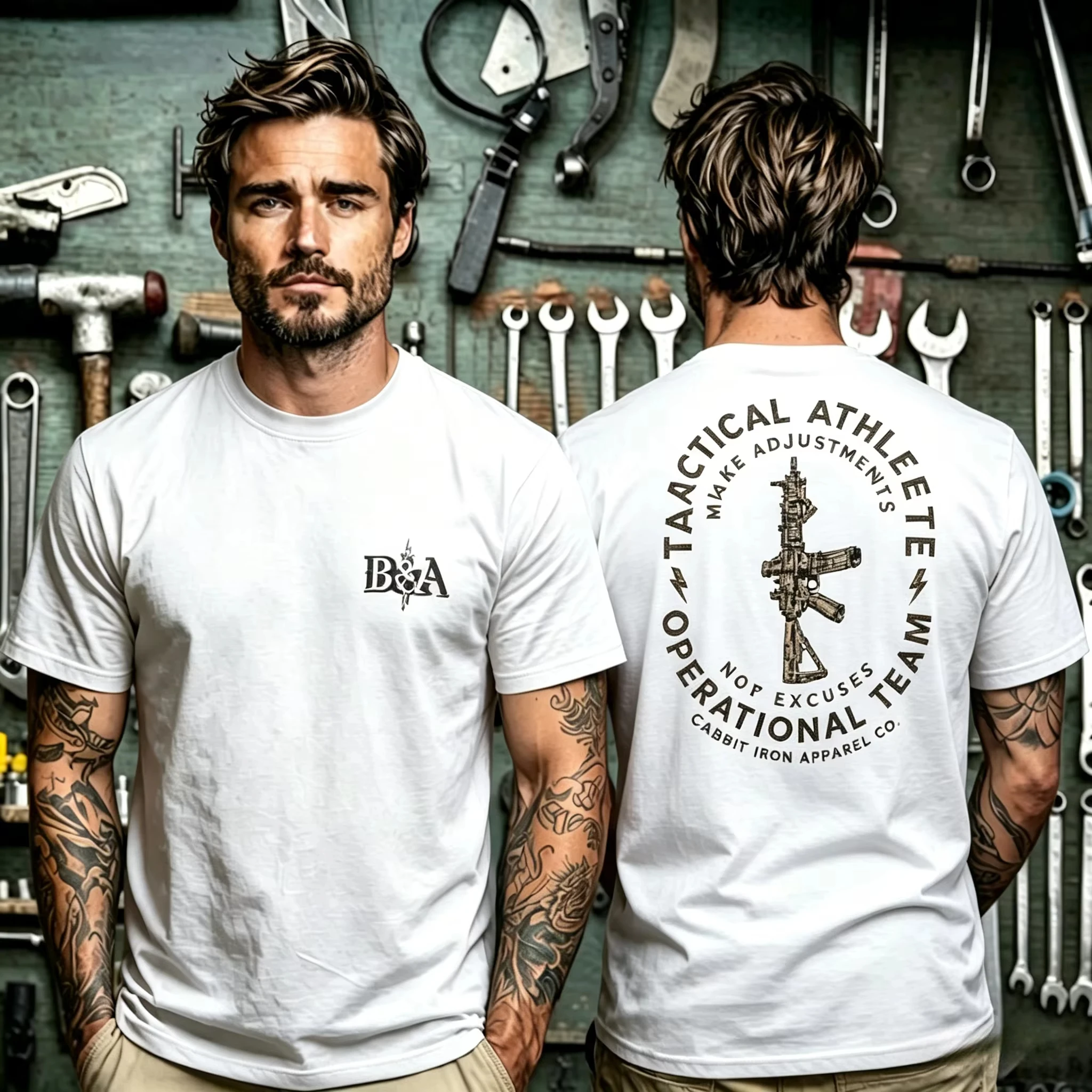 Double Sided Tactical Firearm Graphic Cotton T Shirt Minimalist Logo Military Print Tee Casual Streetwear Top