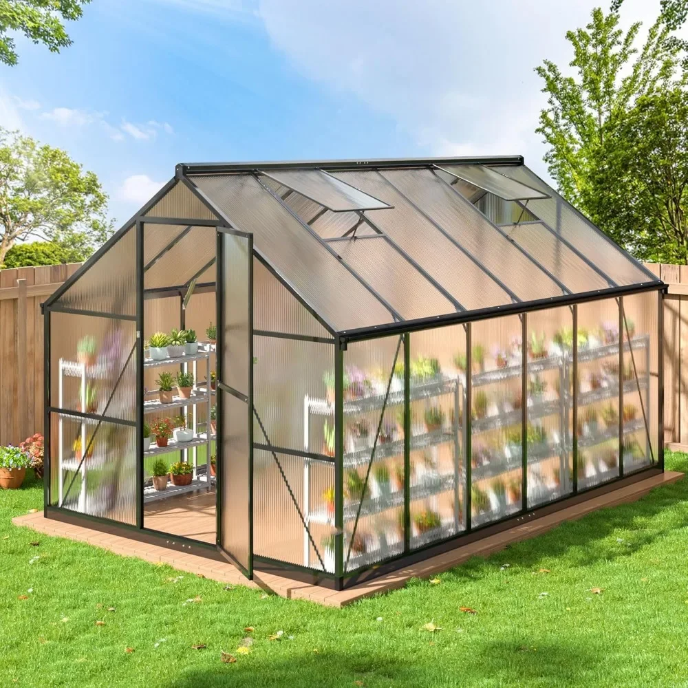 

8x12 FT Greenhouse with Ventilated Windows, Quick Aluminum Assembly Structure, Outside Walk-in Polycarbonate Greenhouse