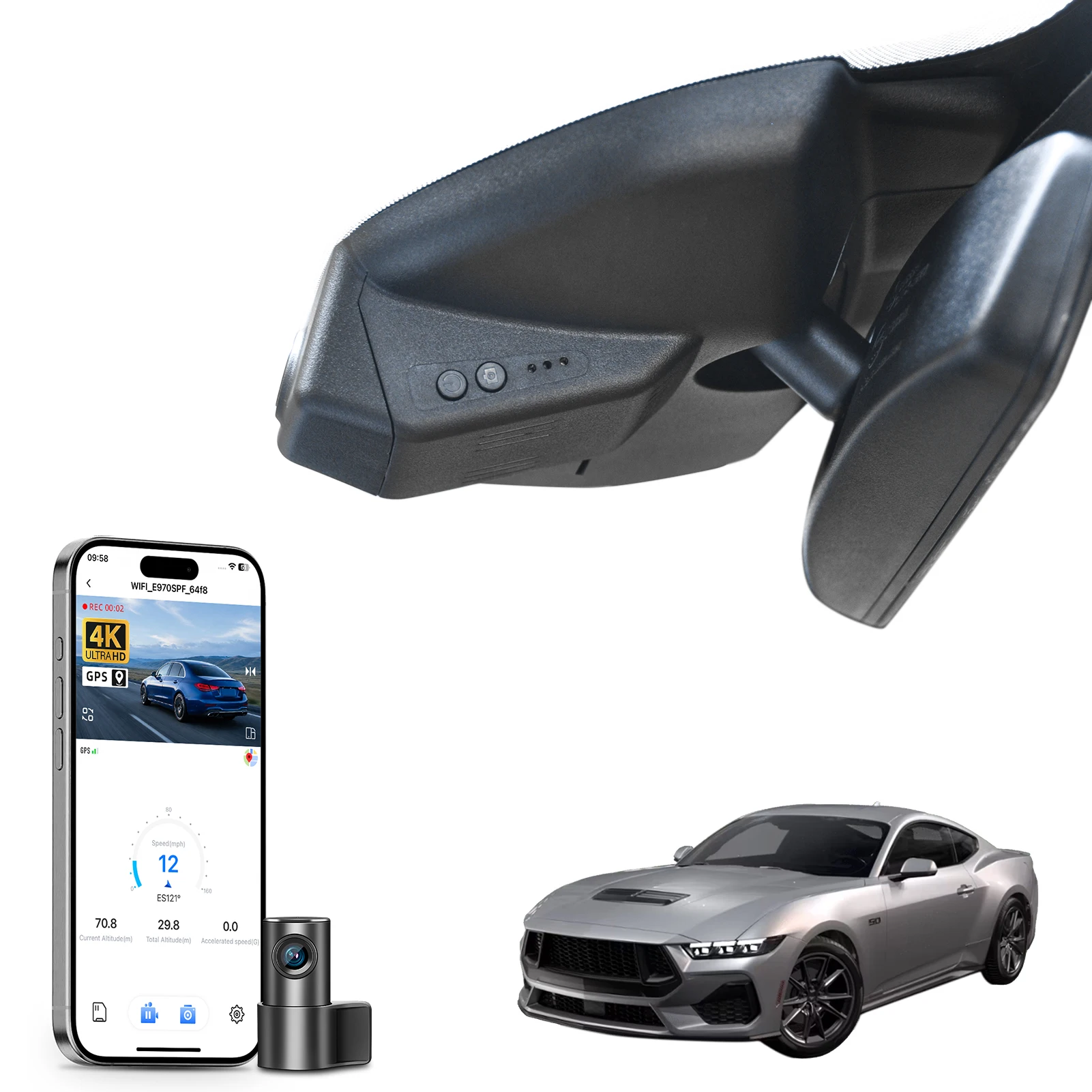 Caméra embarquée Mangoal Dash Cam 4K pour Ford Mustang Gen6 S550 Gen7 EcoBoost 2015-2026 avec GPS, WiFi et application, Plug and Play ﻿