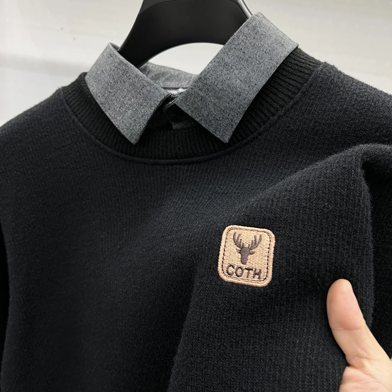 الرجال مصمم الأصلي الصوف مبطن متماسكة سترة وهمية قطعتين قميص طوق البلوز الدافئة عادية الخريف الشتاء كم طويل