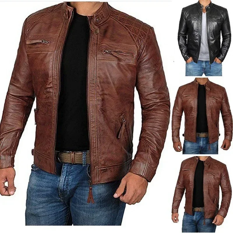

2022 Men Leather Jacket Teenagers Stand Collar Punk Men Motorcycle Leather Jacket Brown Leather Jacket Chaqueta De Los Hombres