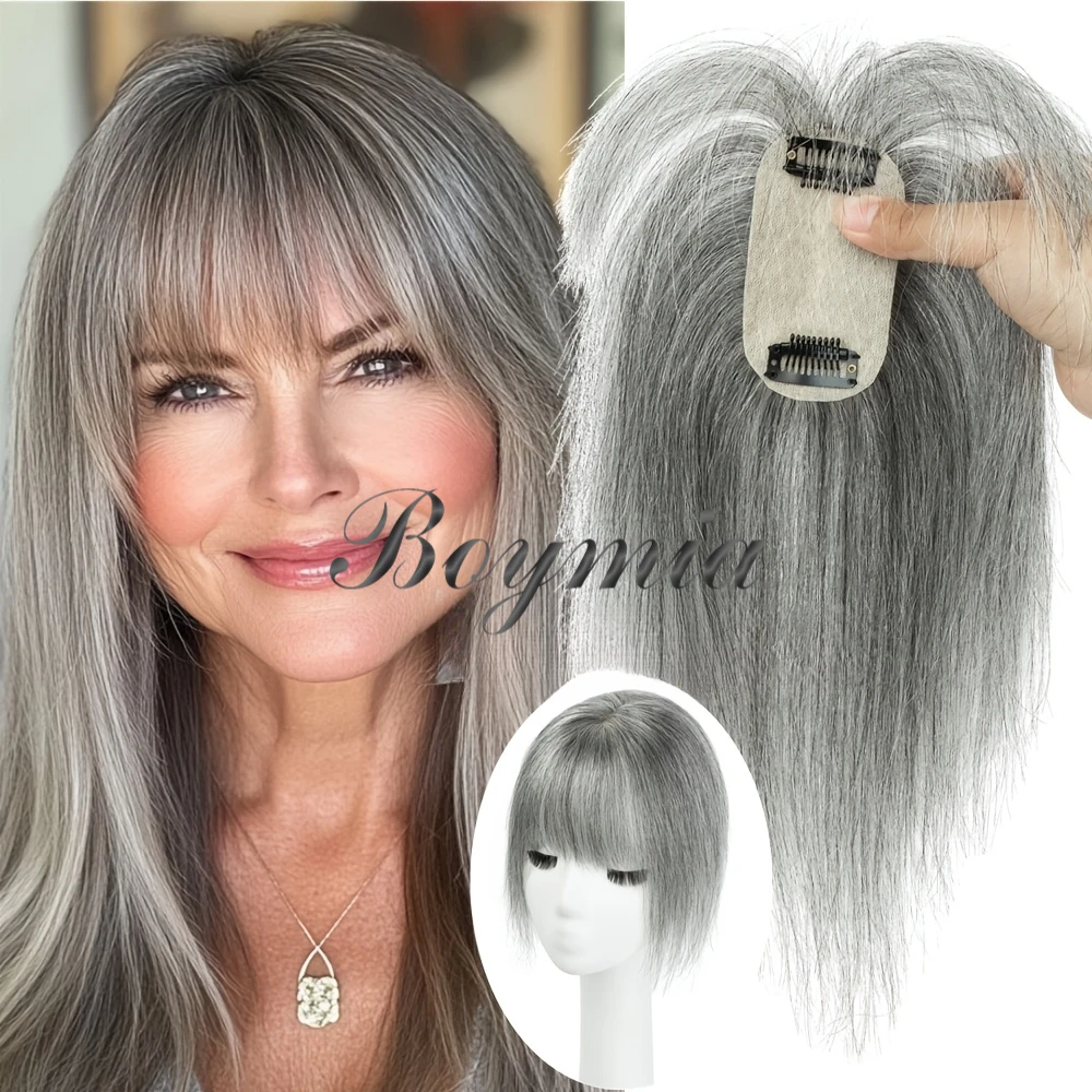 1.97*3.54inch  Women'S Real Human Hair Clip-In Hair Topper With Bangs |   Suitable For Blonde/White/Highlight Extensions, Invisible Bangs & Volume Boosting Topper For Thinning Hair Coverage, Straight Hair Extensions For Daily Use