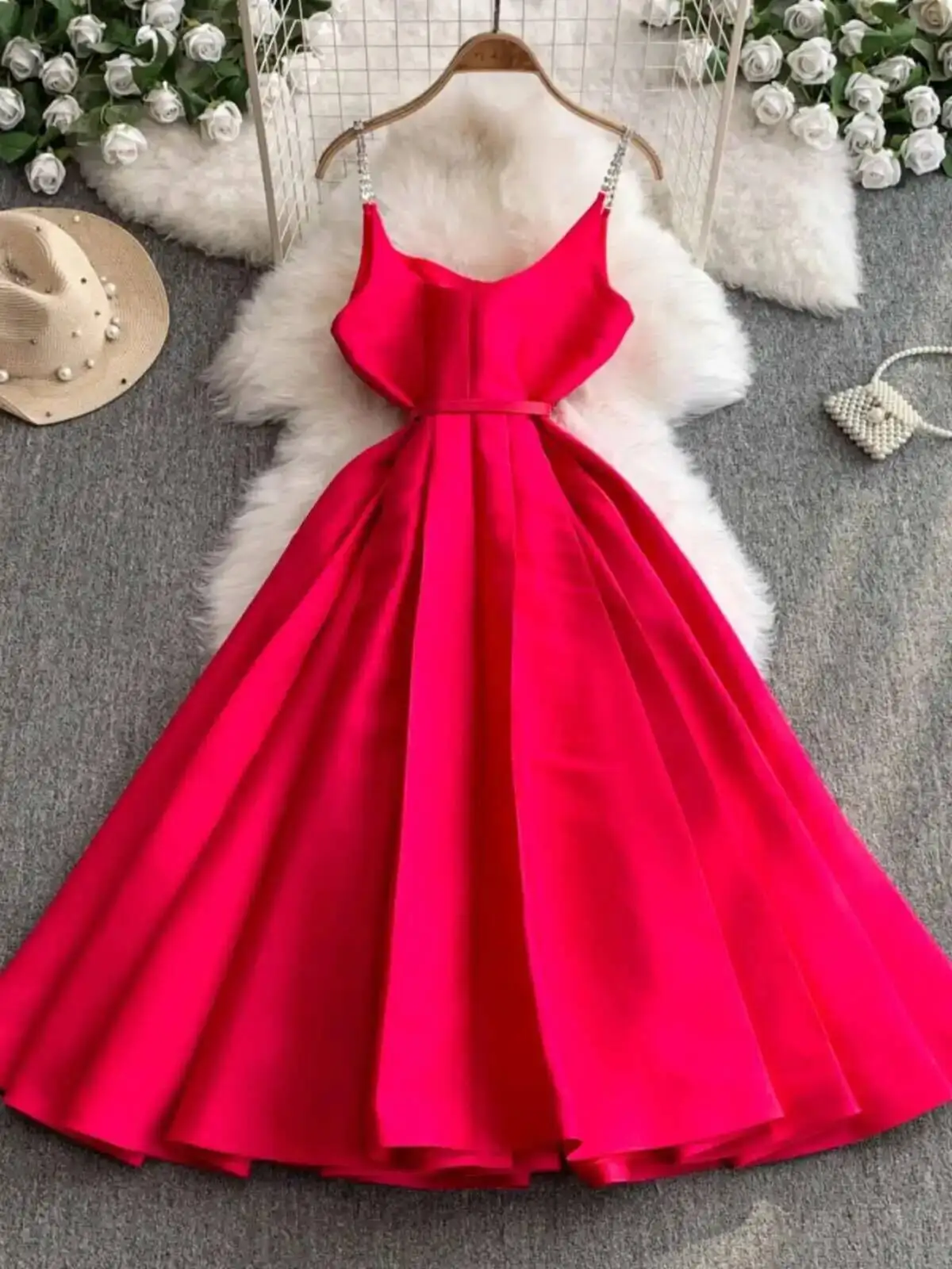Light Luxury Crystal Evening Long Dresses Women Summer Holiday Straps Sundress Bridesmaid Weddding Party Vestidos Midi Robe