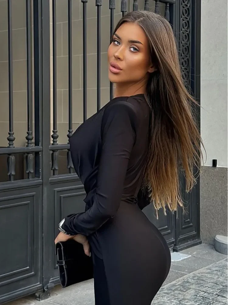 عميق الخامس الرقبة طويلة الأكمام نحيل حللا النساء السروال القصير أنيقة سوداء عالية الخصر Ruched سليم مثير بذلة وتتسابق #3