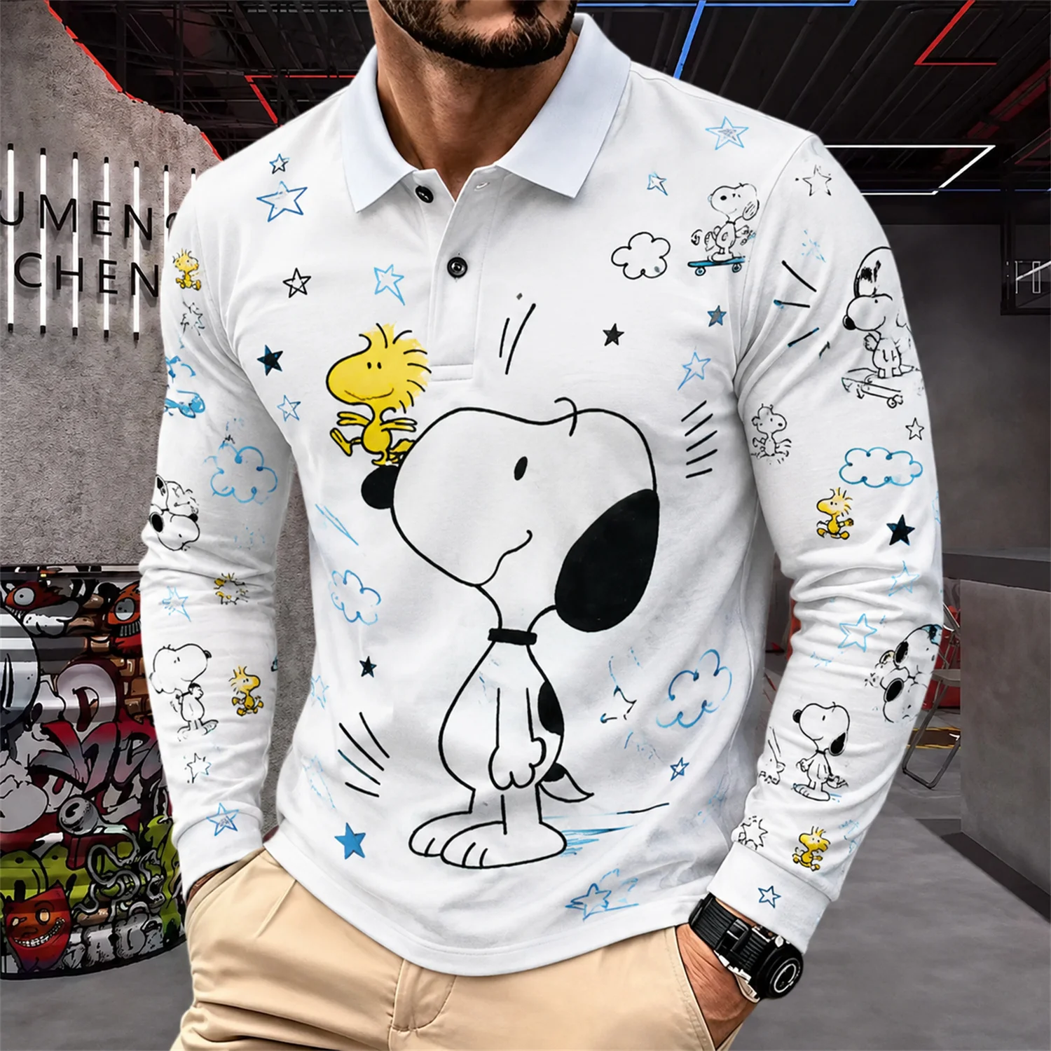 Polo de manga larga para hombre con estampado de Snoopy y Woodstock, camiseta gráfica de dibujos animados de Peanuts, estilo casual Y2K, ropa de calle.