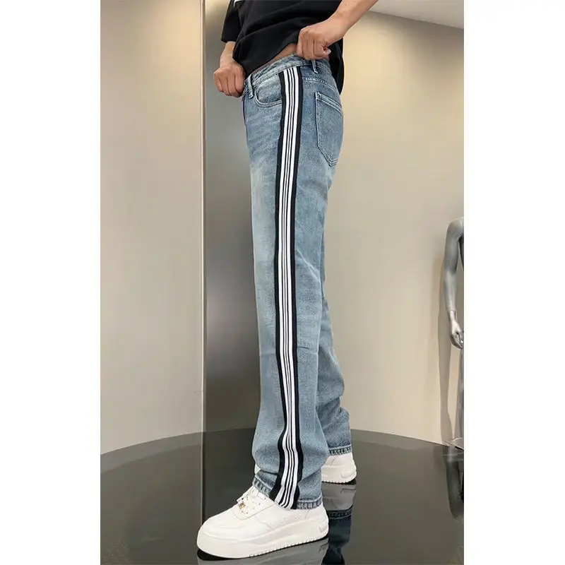 Men's Clothing Spring and Autumn Black and White Stripe Stitching Jeans Trendy All-match Leg Casual Pants Loose Wide Leg Pants