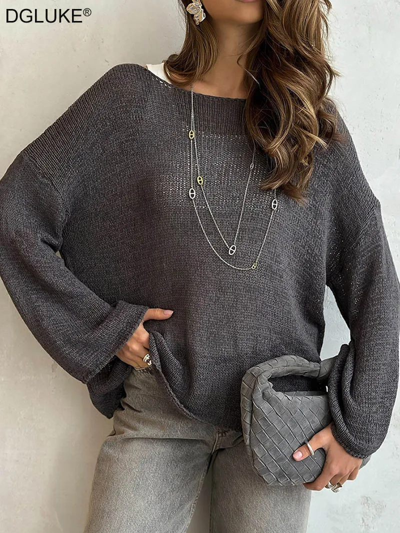 

DGLUKE Black Oversized Knitted Sweater Women Long Sleeve See Through Loose Sweaters Y2K Knit Top Plain Lightweight Sweater