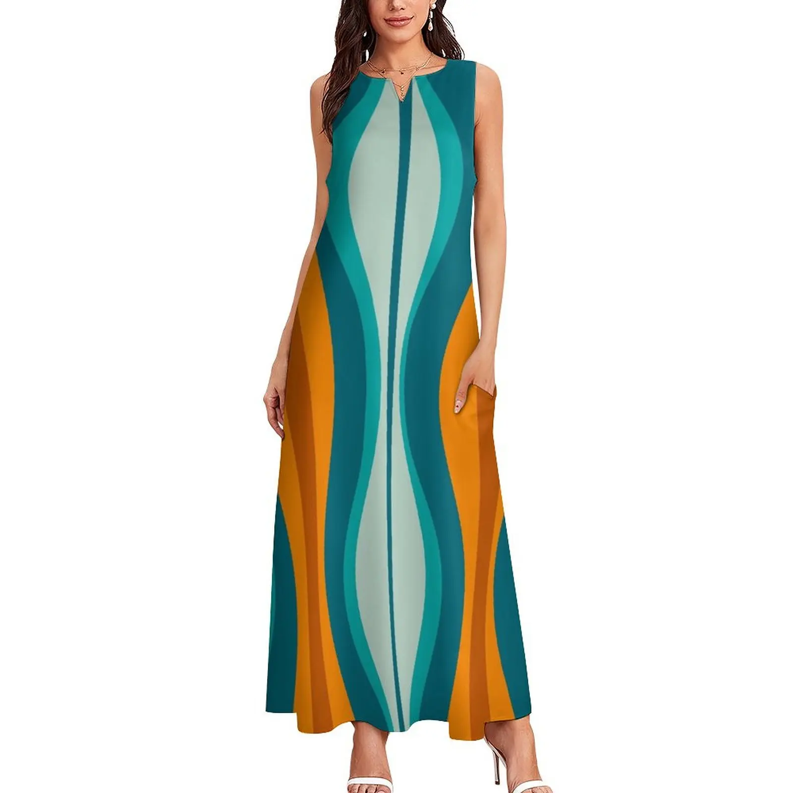 Hourglass Abstract Midcentury Modern Pattern in Orange, Rust, Aqua, Turquoise, and Teal Long Dress Summer skirt