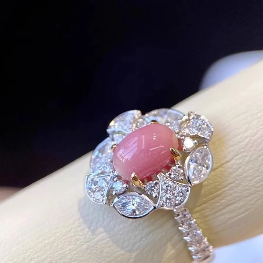 

Natural Conch Pearl Ring with Diamond Flower Shape Pink Pearl Sweet Ring Gifts Fine Jewelry Adjustable Silver Ring for Women